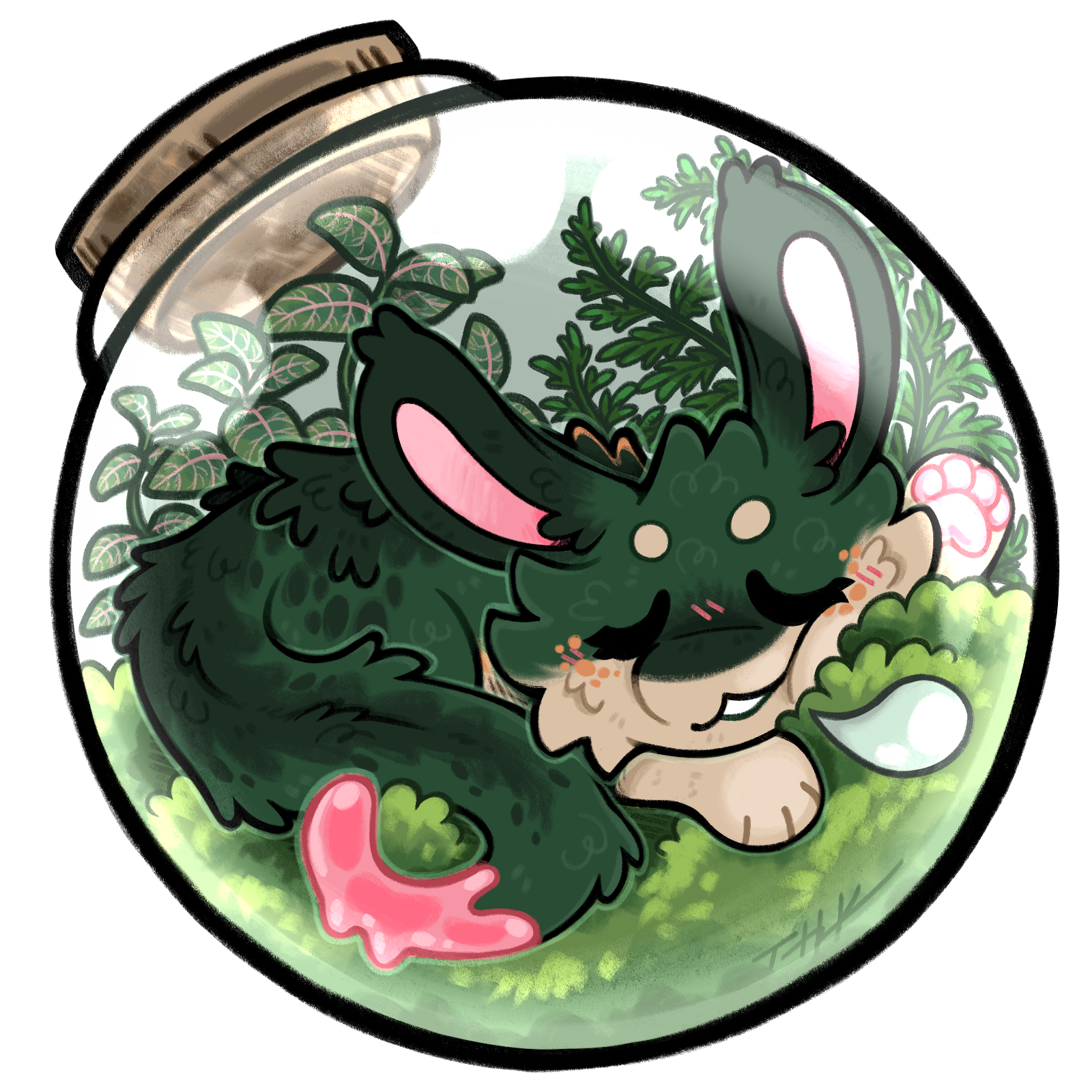 Finch resting in a miniature terrarium
